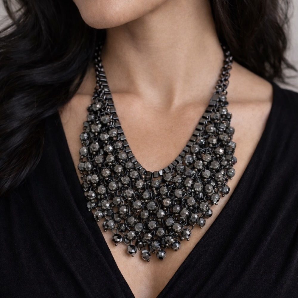 Gunmetal Statement Bib Necklace Chunky Beaded